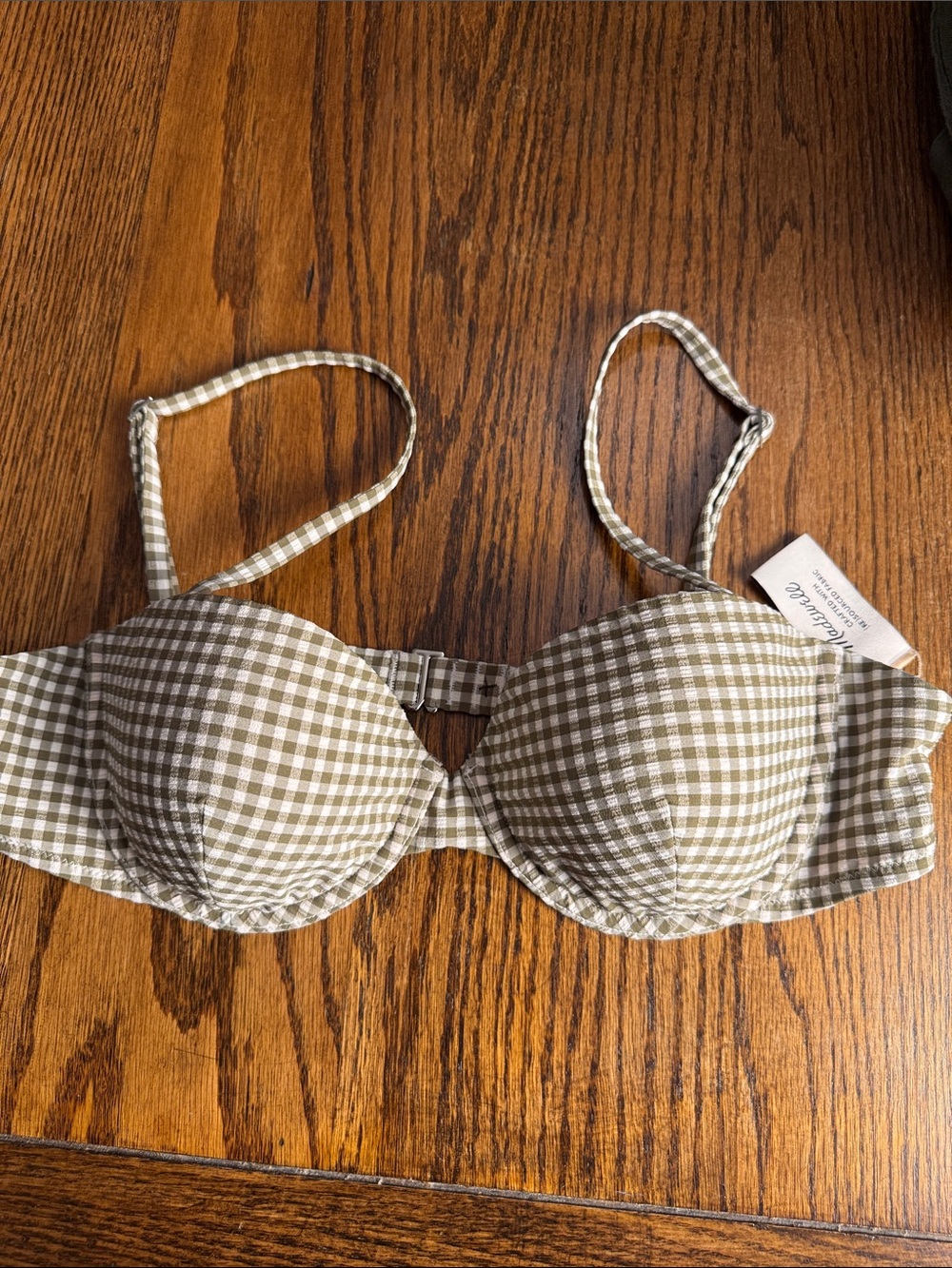 NWT Madewell Gingham Seersucker Balconette Underwire Bikini Top Olive Large